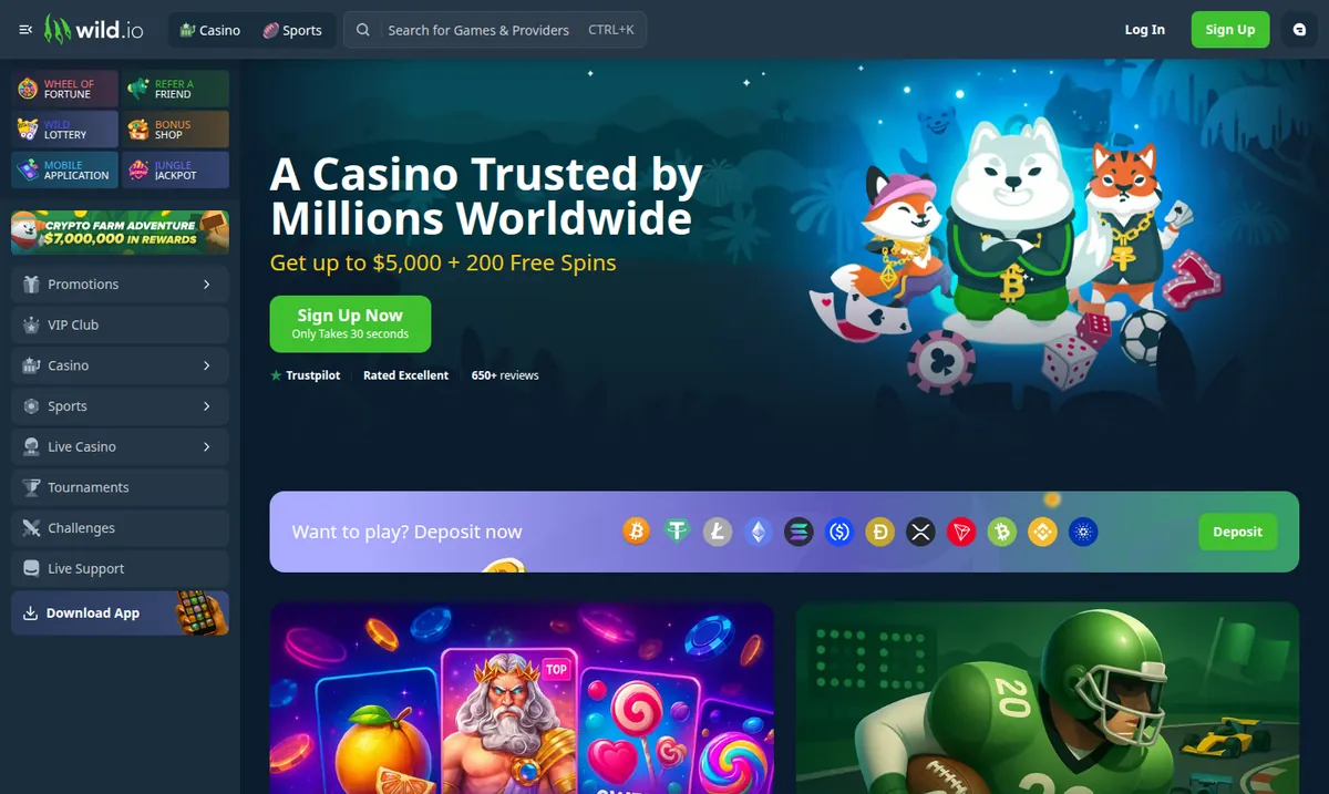 Lobby Wild.io z rozwiniętym wyborem monet